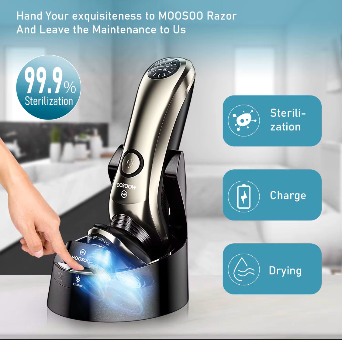 Shaver med opladnings- og steriliseringsbase - Gratis fragt